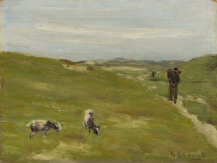 Meadow with farmer and grazing goats, Max Liebermann